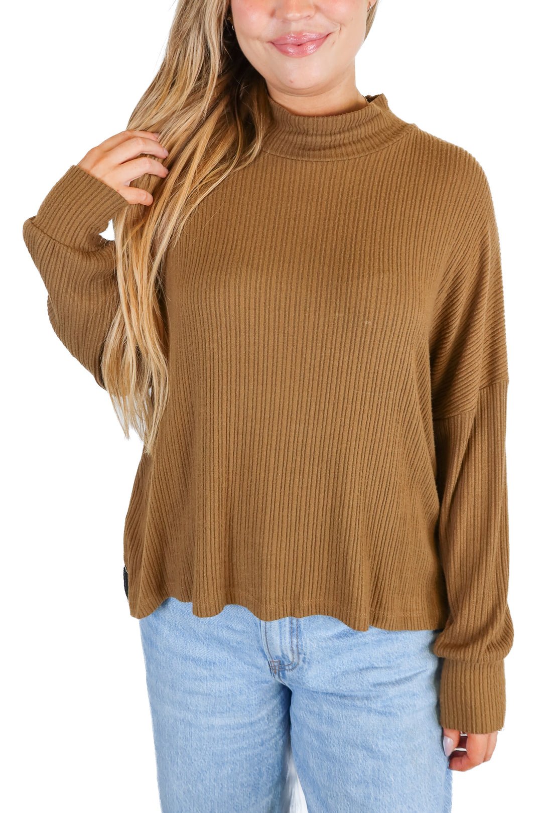 LNA Brown Ribbed Mock-neck Oversized Top (M)
