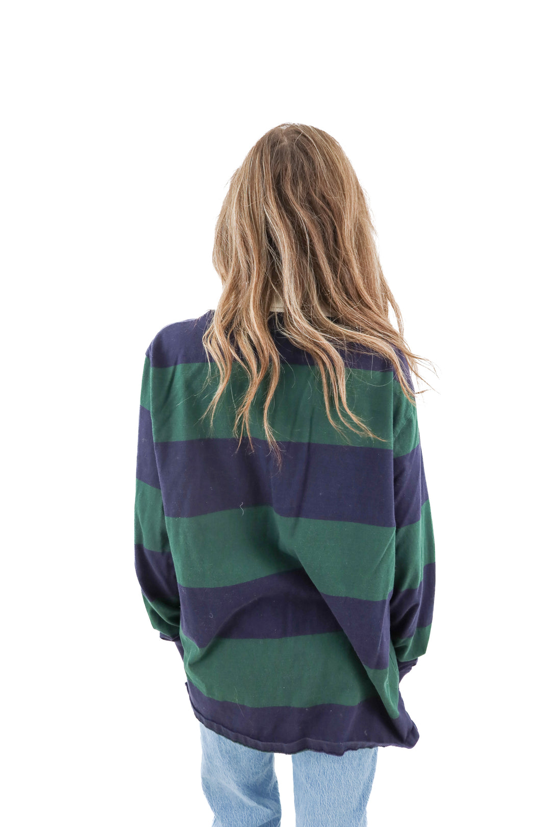 St. John's bay green and navy striped polo shirt (L)
