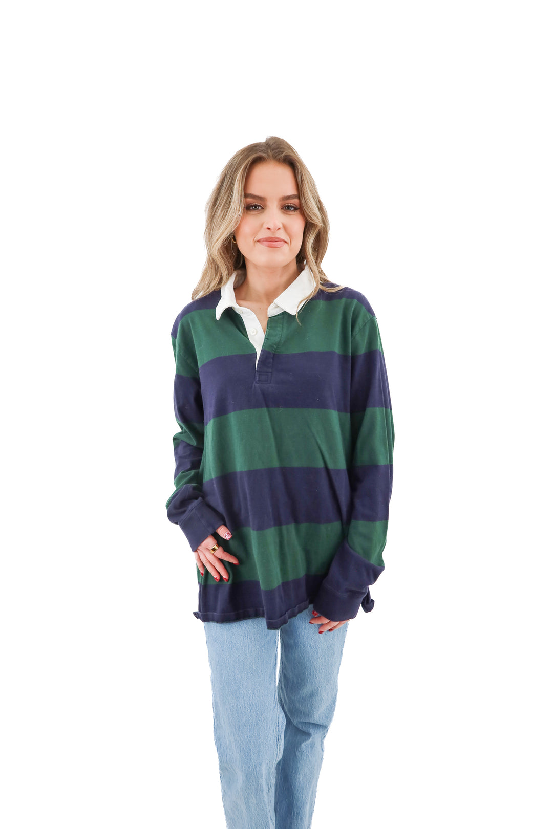 St. John's bay green and navy striped polo shirt (L)