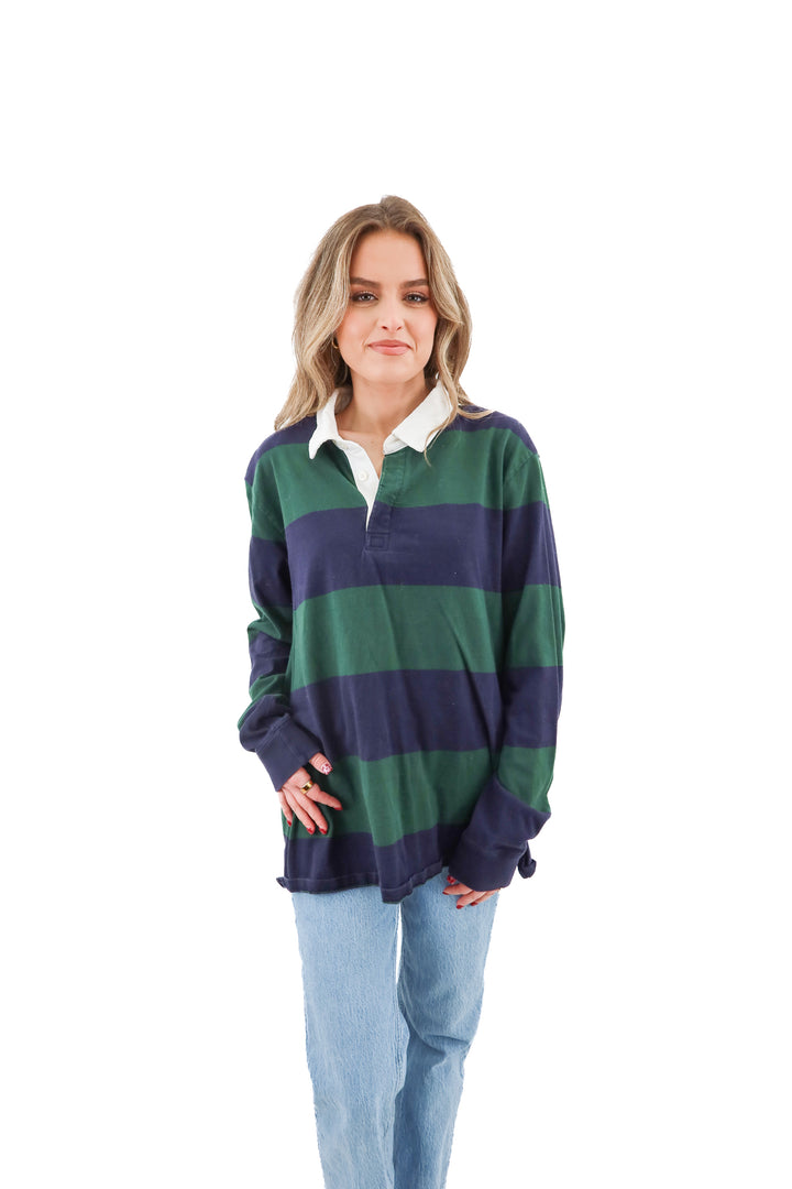 St. John's bay green and navy striped polo shirt (L)
