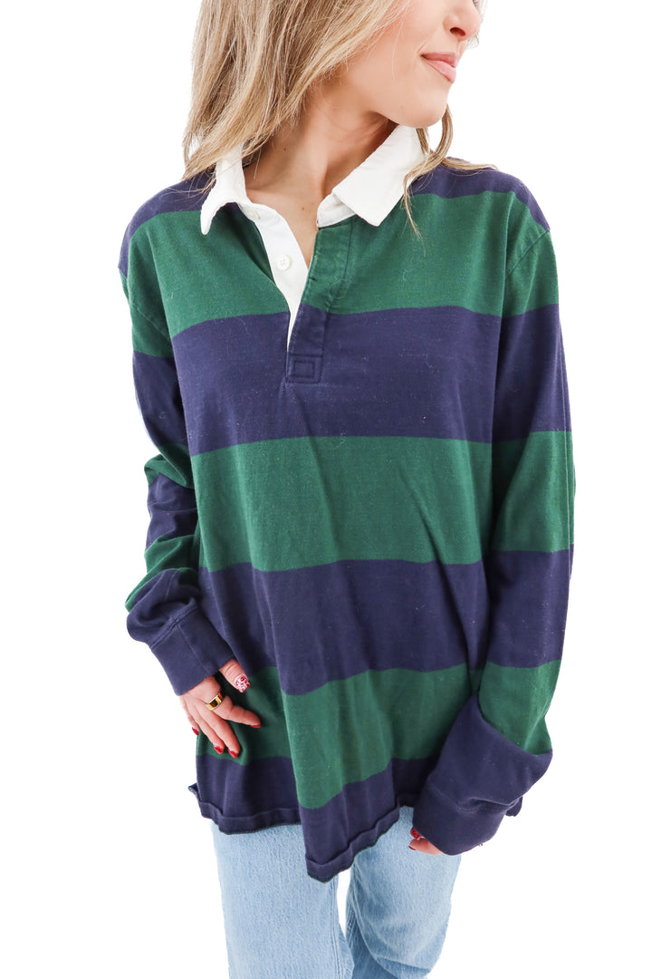 St. John's bay green and navy striped polo shirt (L)