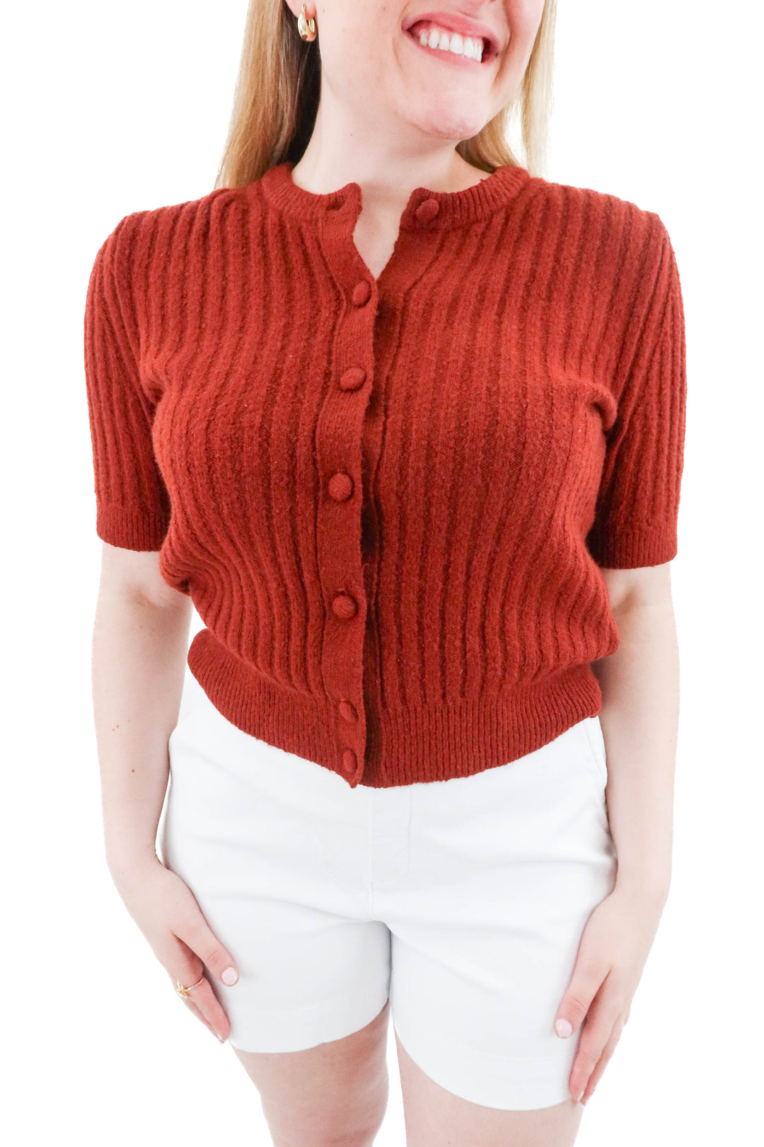 madewell deep rust ribbed merino wool blend cardigan (l)