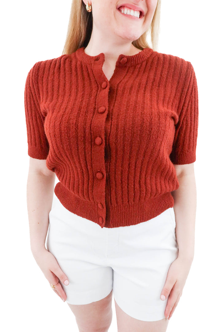 madewell deep rust ribbed merino wool blend cardigan (l)
