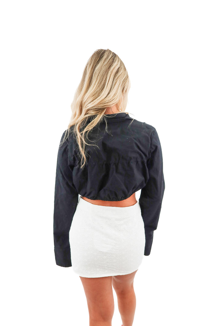 lovers and friends black long sleeve front tie collared shirt (S; retail $168)