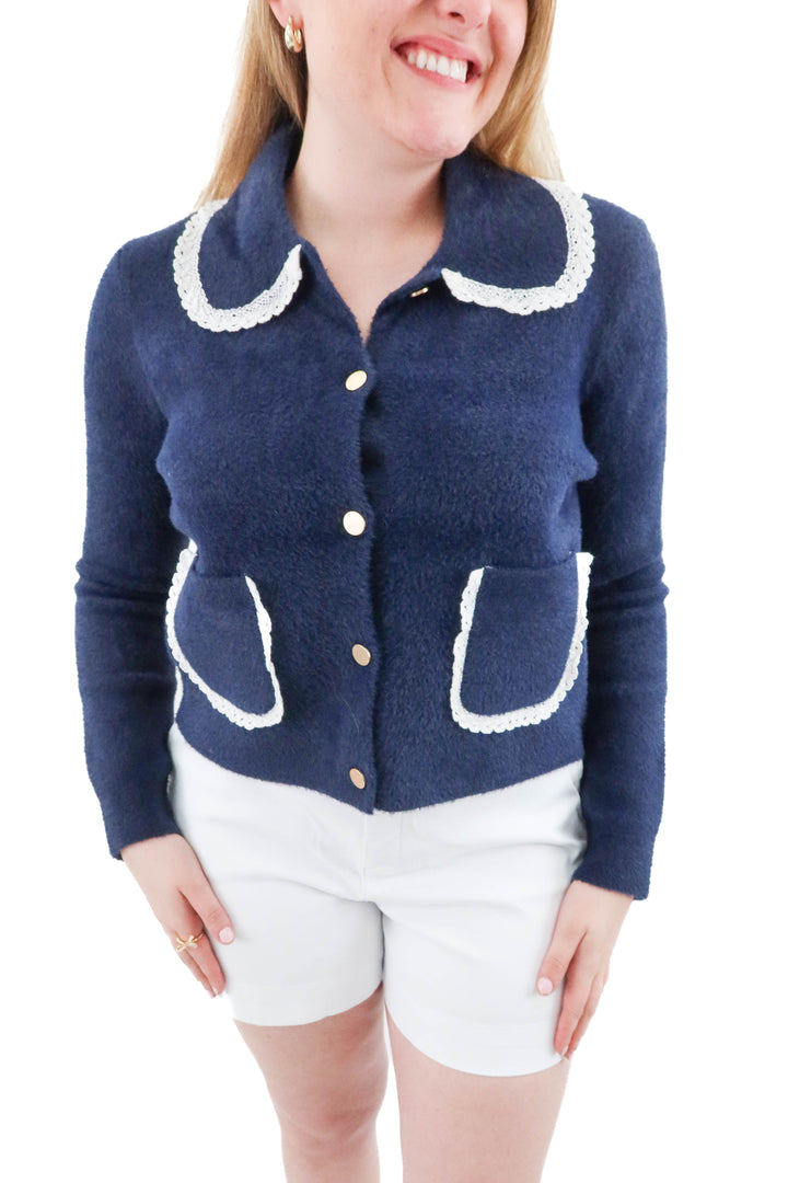 nvlt navy brushed knit sweater w/ peter pan collar (m)