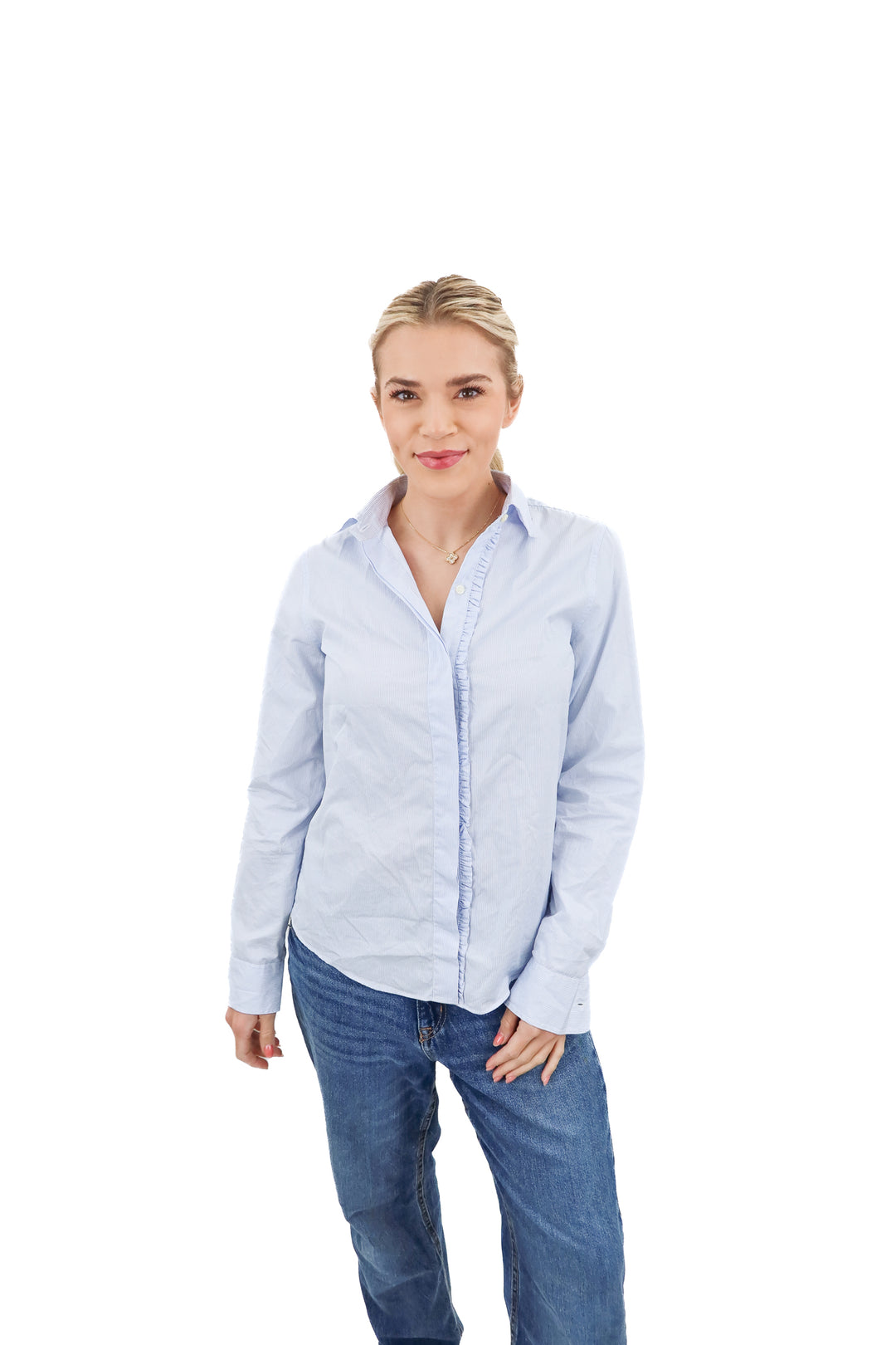 Ann Mashburn blue pinstripe button up (S; retail 225)