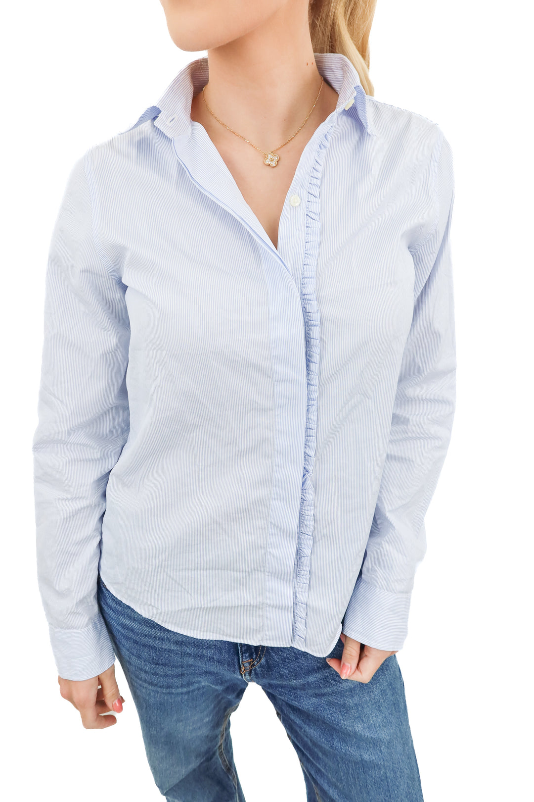 Ann Mashburn blue pinstripe button up (S; retail 225)