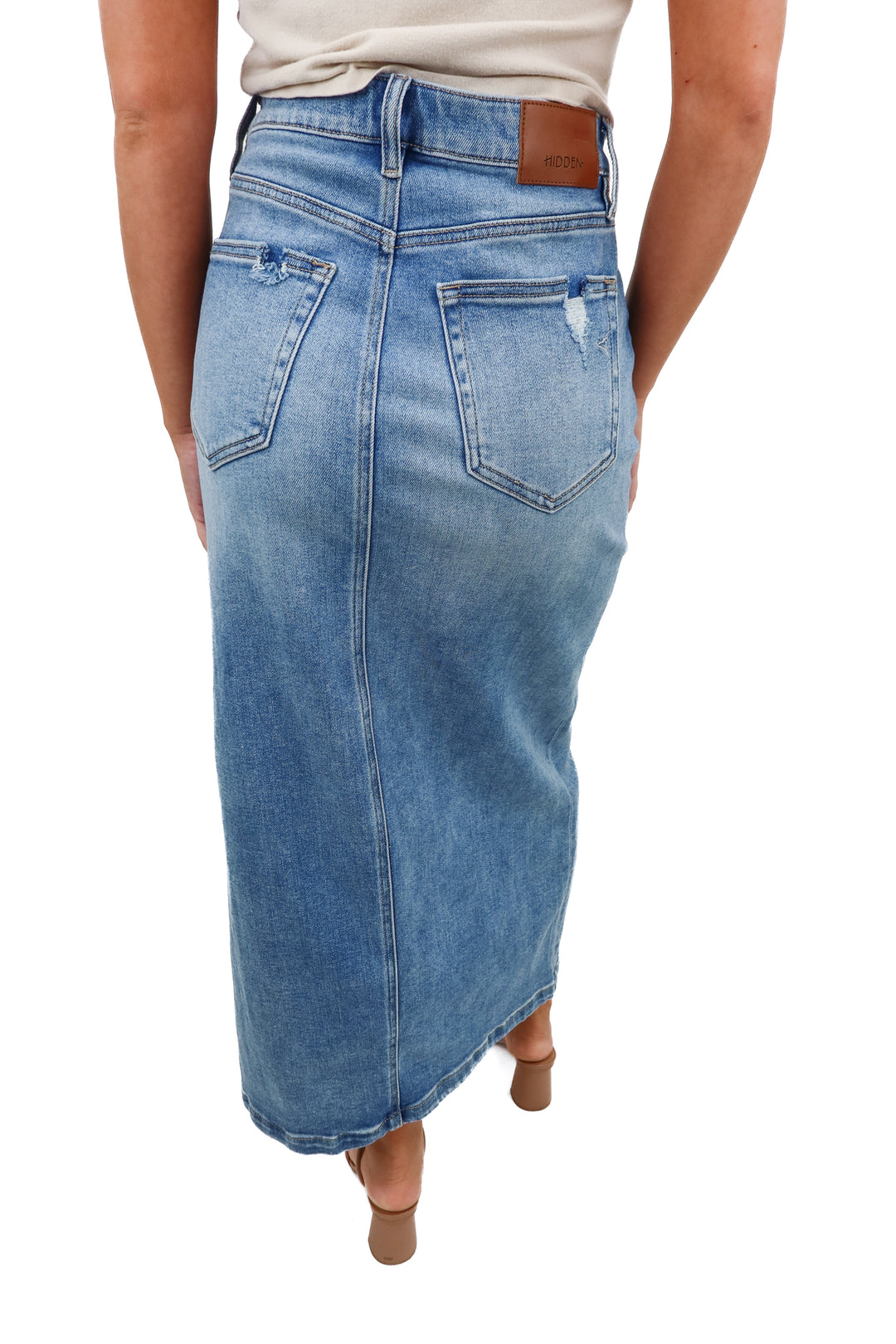 hidden light wash denim maxi skirt NWT (retail $69.99)