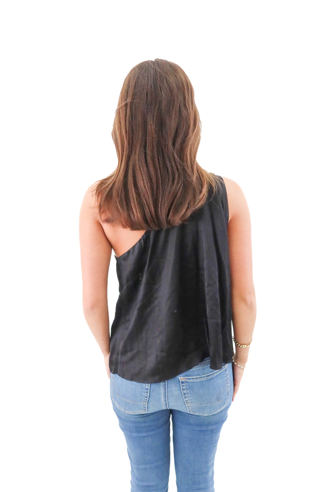astr the label black satin one shoulder top (m; retail $75)