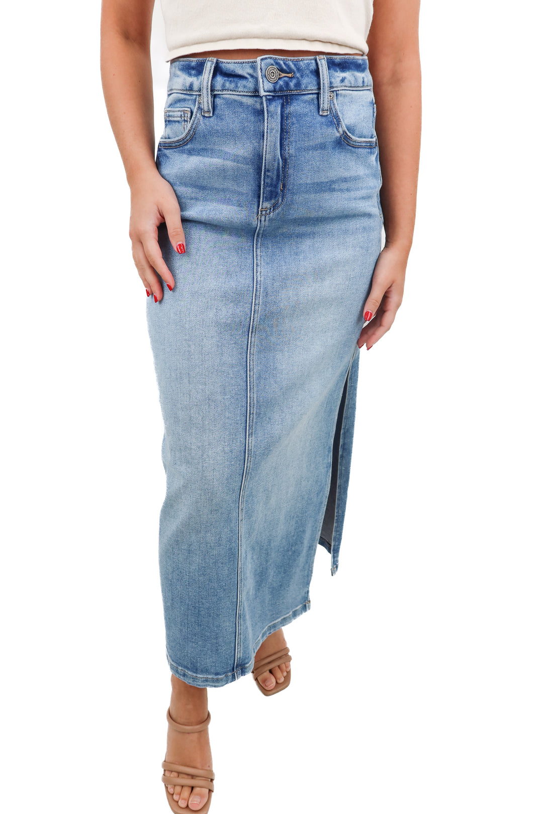 hidden light wash denim maxi skirt NWT (retail $69.99)
