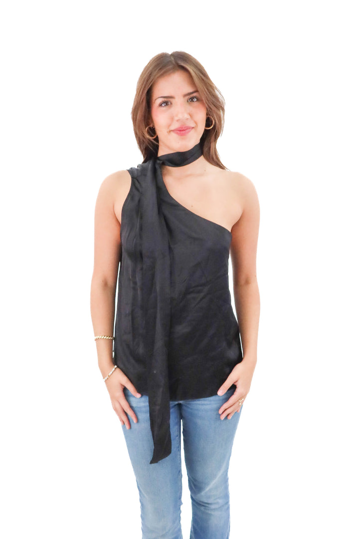 astr the label black satin one shoulder top (m; retail $75)