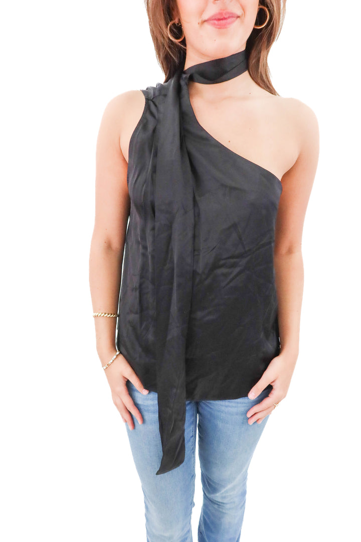 astr the label black satin one shoulder top (m; retail $75)