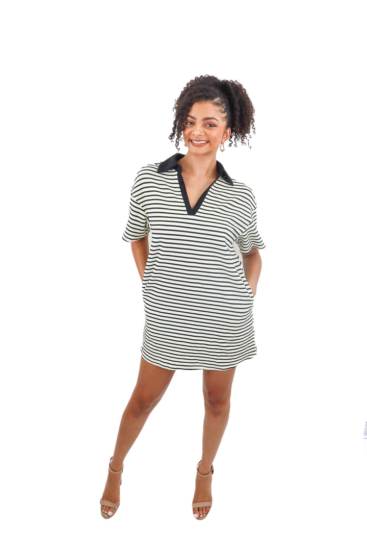 Vici cream black stripe polo mini dress (S)