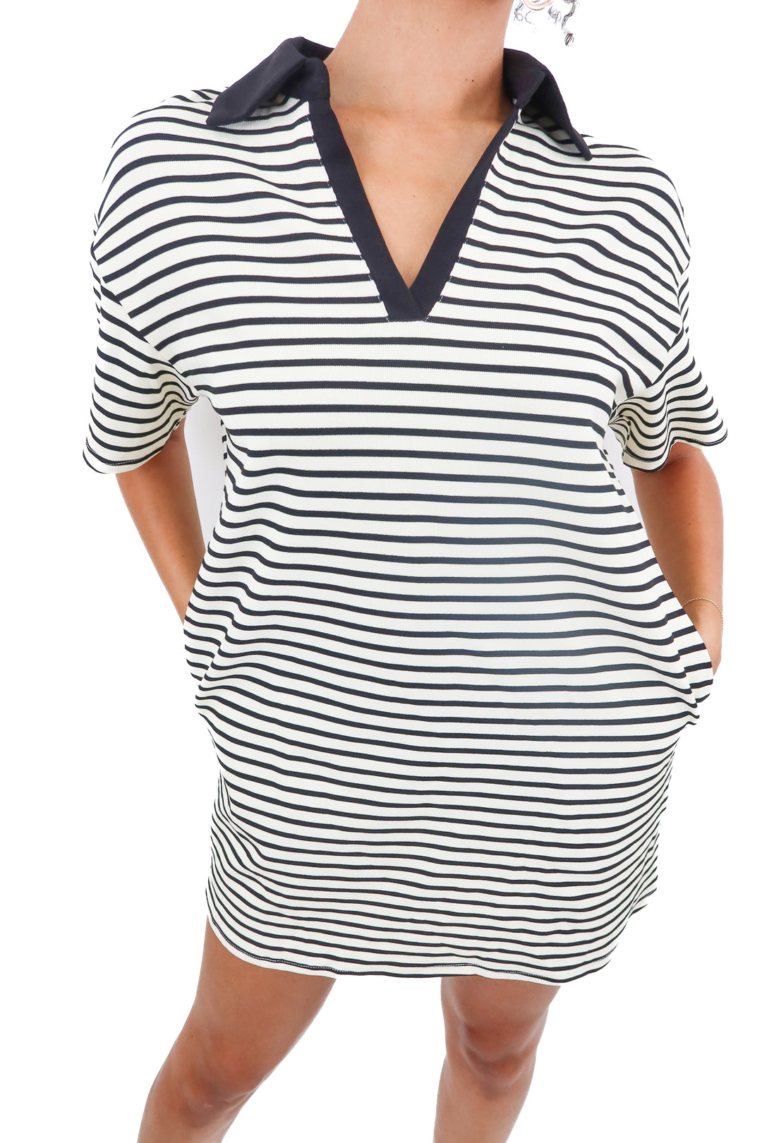 Vici cream black stripe polo mini dress (S)