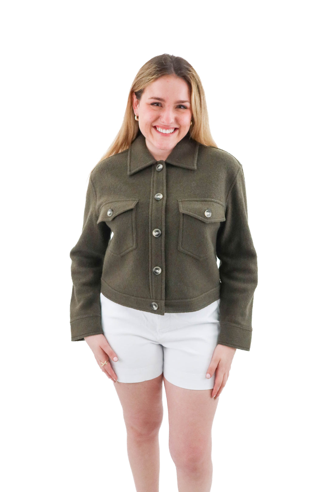 quince green merino wool cropped shirt jacket (m; retail $348)