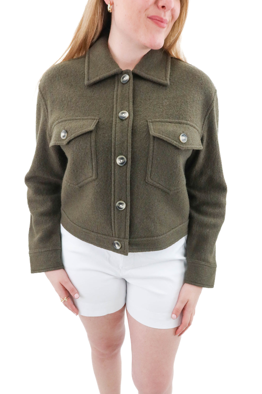 quince green merino wool cropped shirt jacket (m; retail $348)
