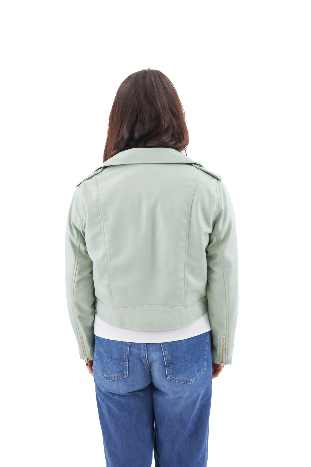 Zara light green vegan leather cropped bomber jacket (l; retail $59)