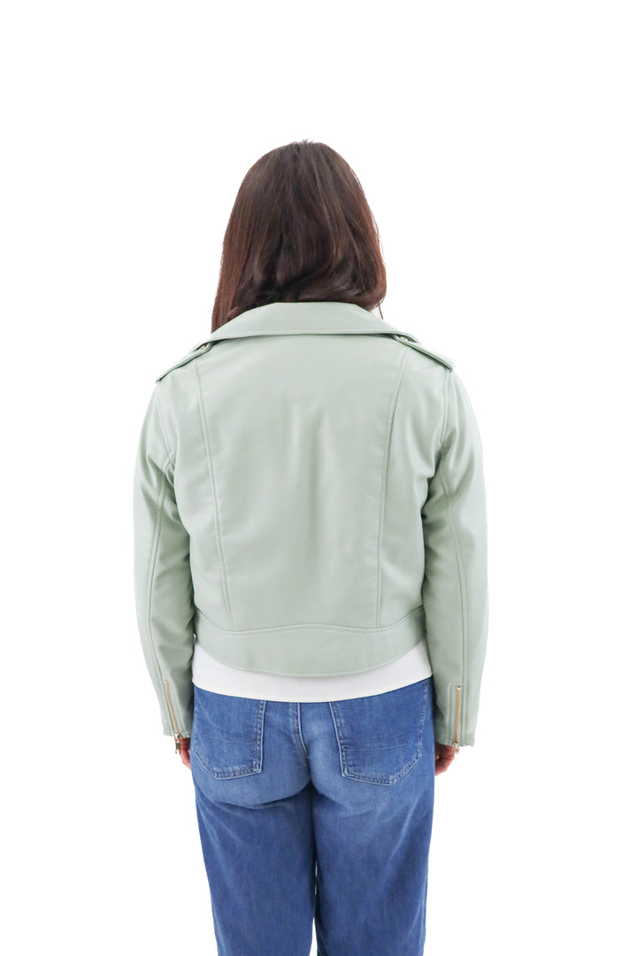 Zara light green vegan leather cropped bomber jacket (l; retail $59)
