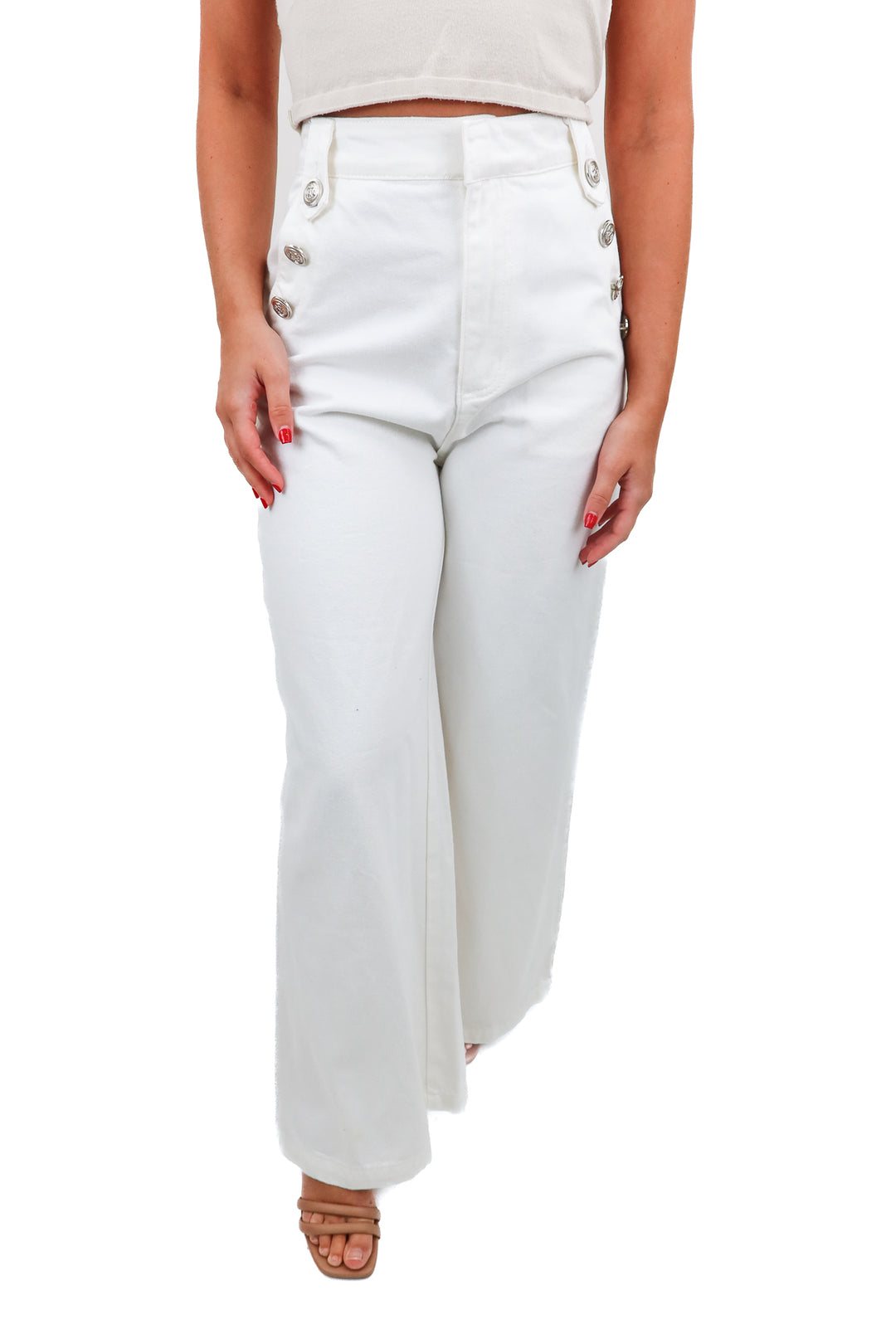 vici white wide leg silver button jeans (retail $74)