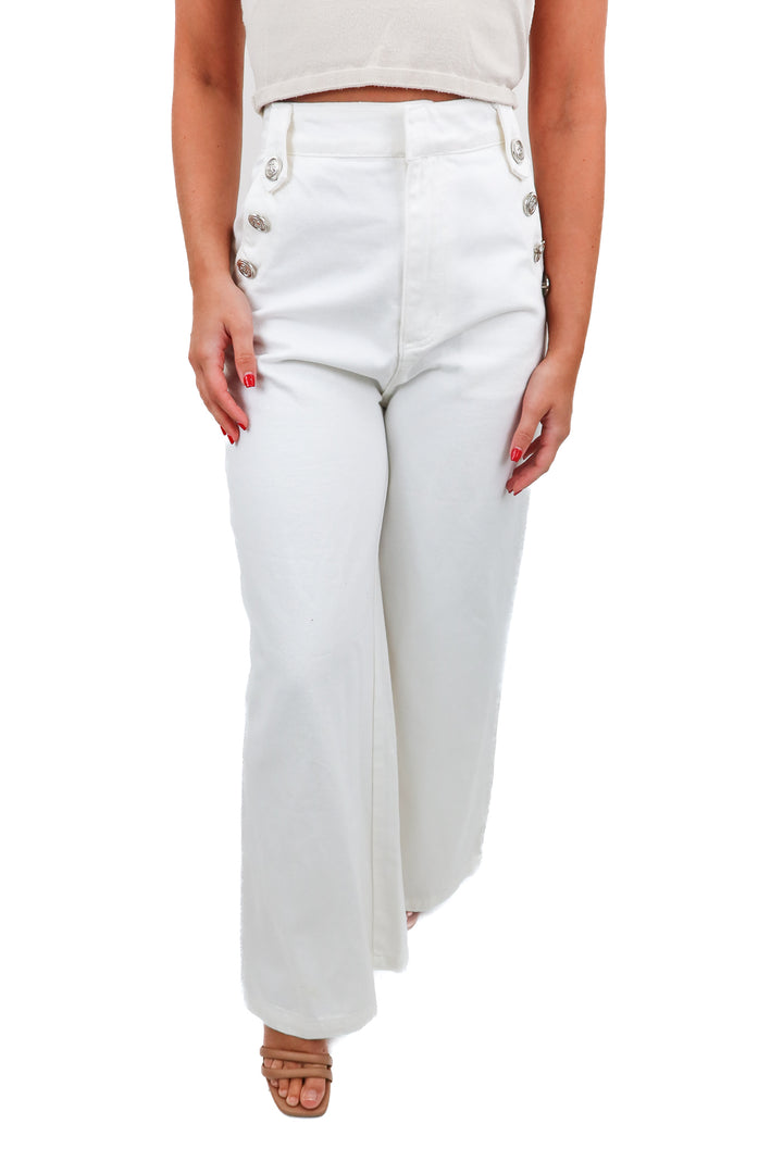 vici white wide leg silver button jeans (retail $74)