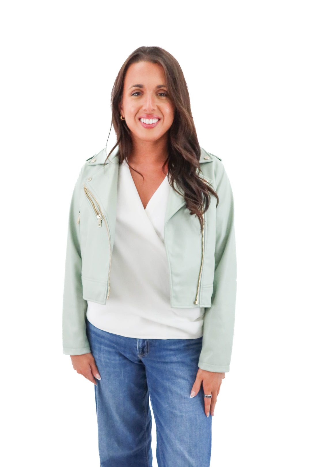 Zara light green vegan leather cropped bomber jacket (l; retail $59)