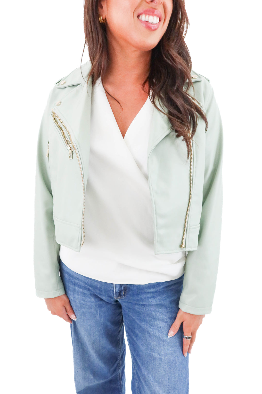 Zara light green vegan leather cropped bomber jacket (l; retail $59)