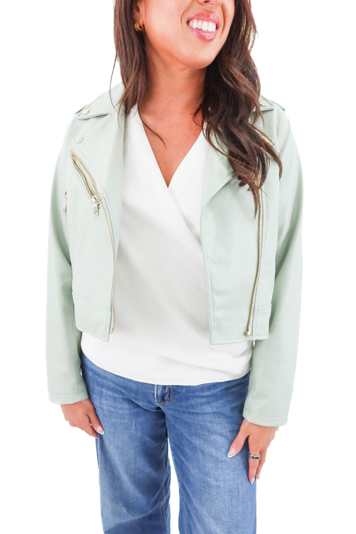 Zara light green vegan leather cropped bomber jacket (l; retail $59)