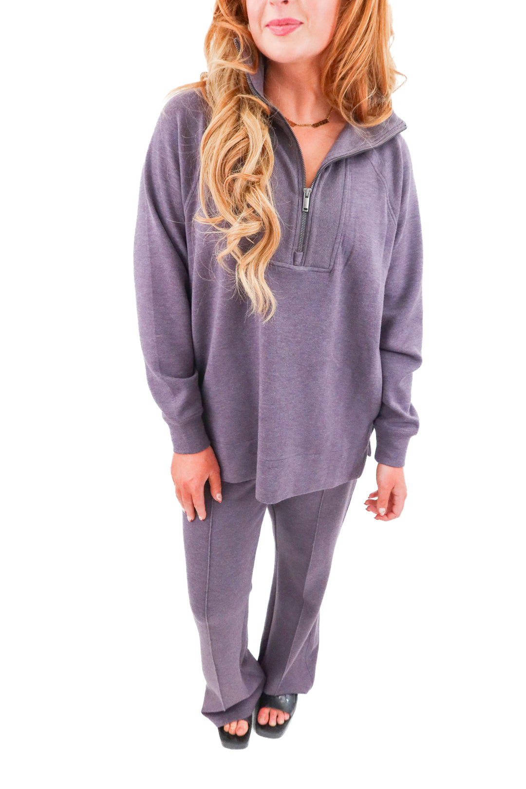 spanx airessentials purple pullover and pants set (m; retail $228)