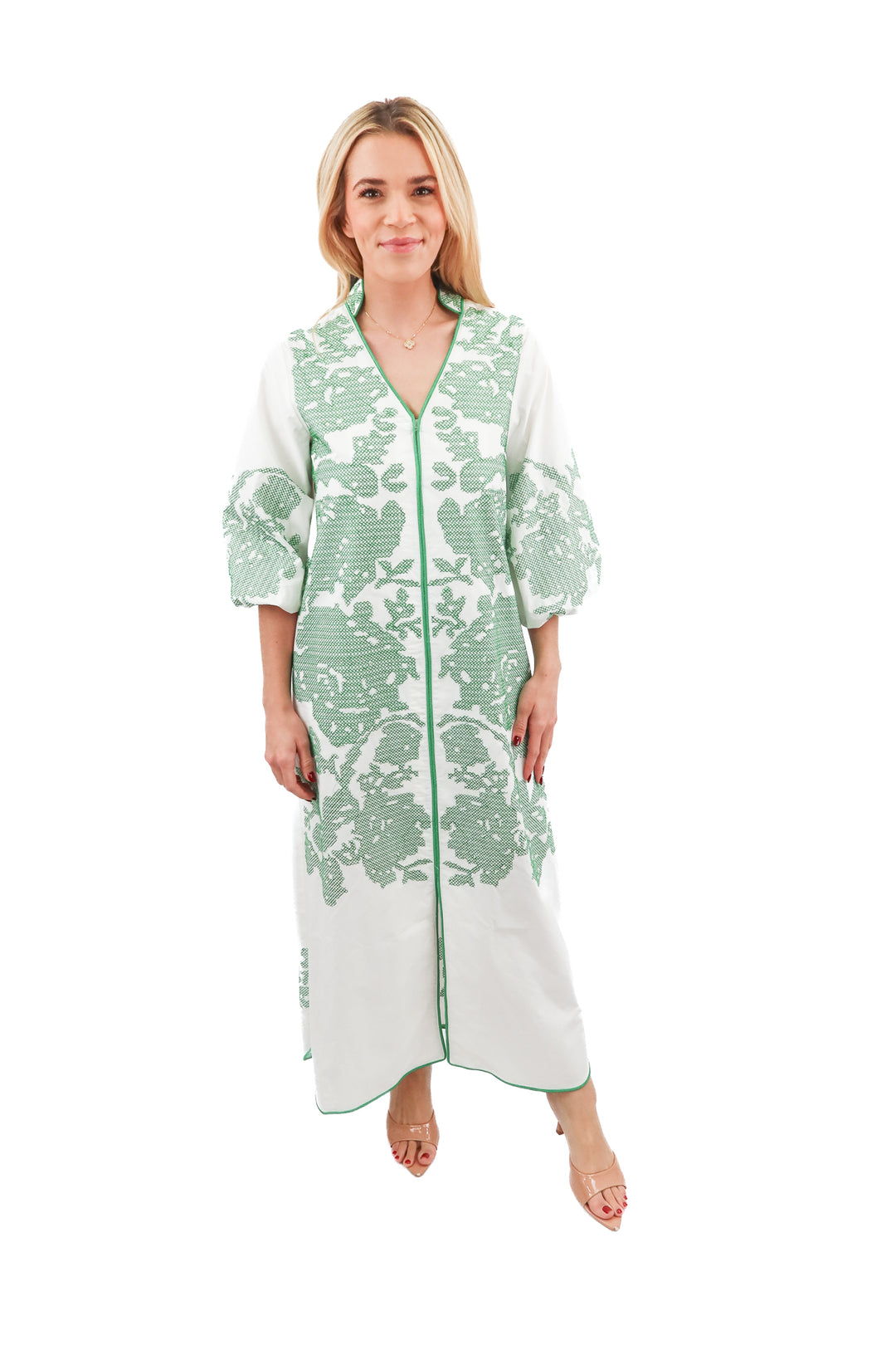 Hyacinth House White & Green Embroidery Arem Caftan (XS; retail $198)