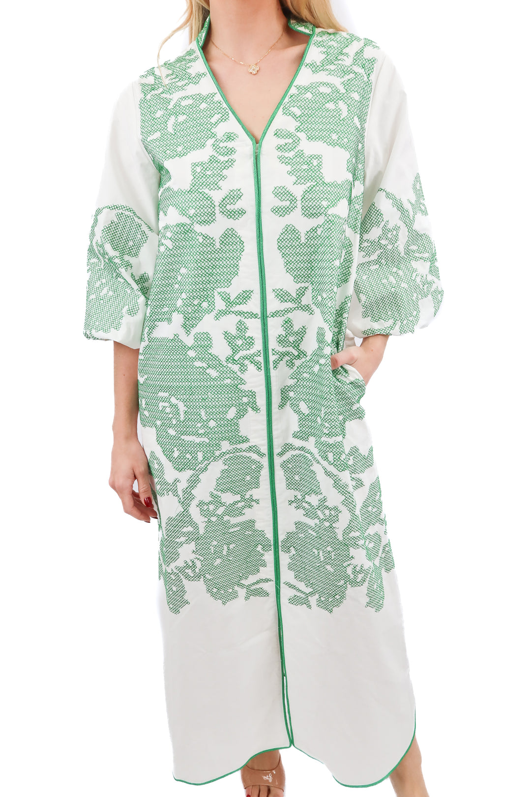 Hyacinth House White & Green Embroidery Arem Caftan (XS; retail $198)