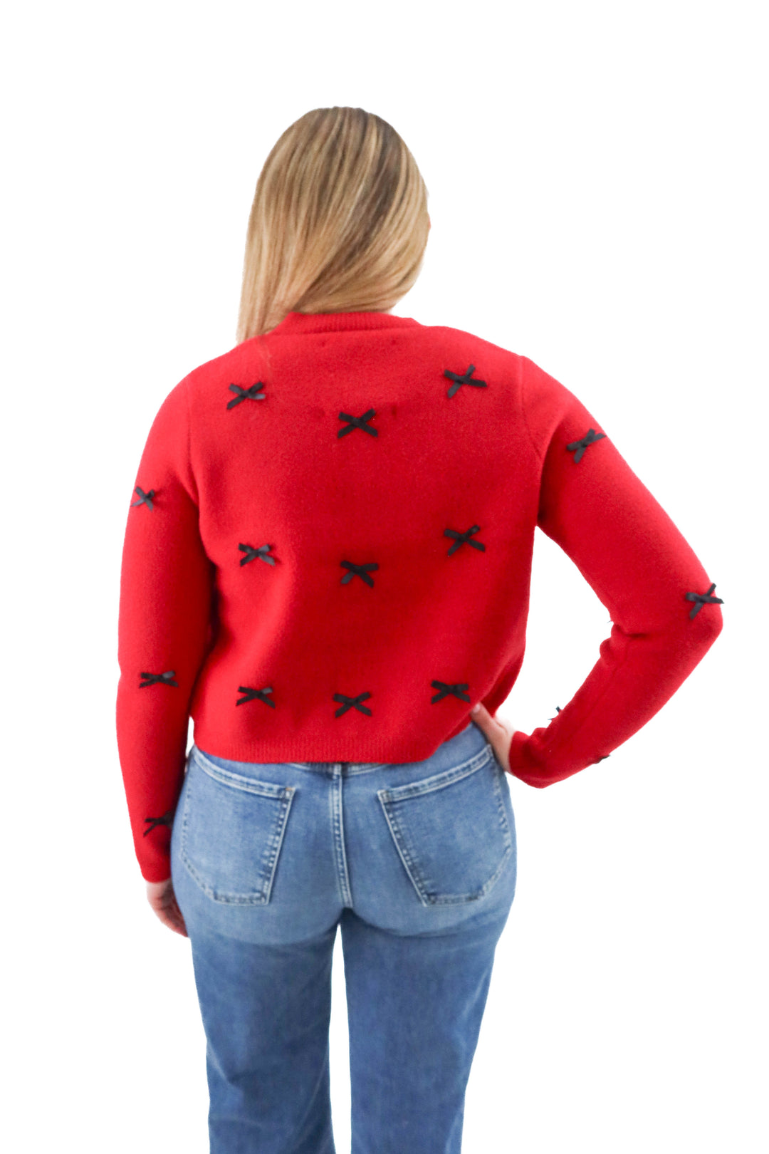 nvlt red knit cardigan w/ black bows (m; retail $148)