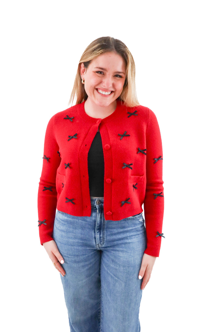 nvlt red knit cardigan w/ black bows (m; retail $148)