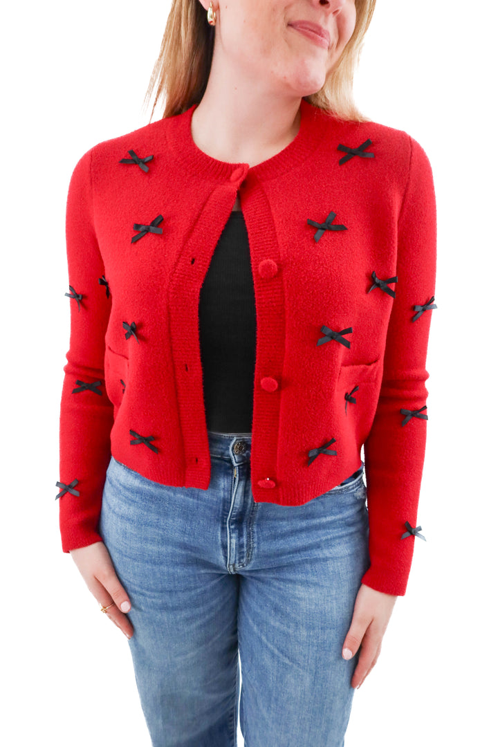nvlt red knit cardigan w/ black bows (m; retail $148)