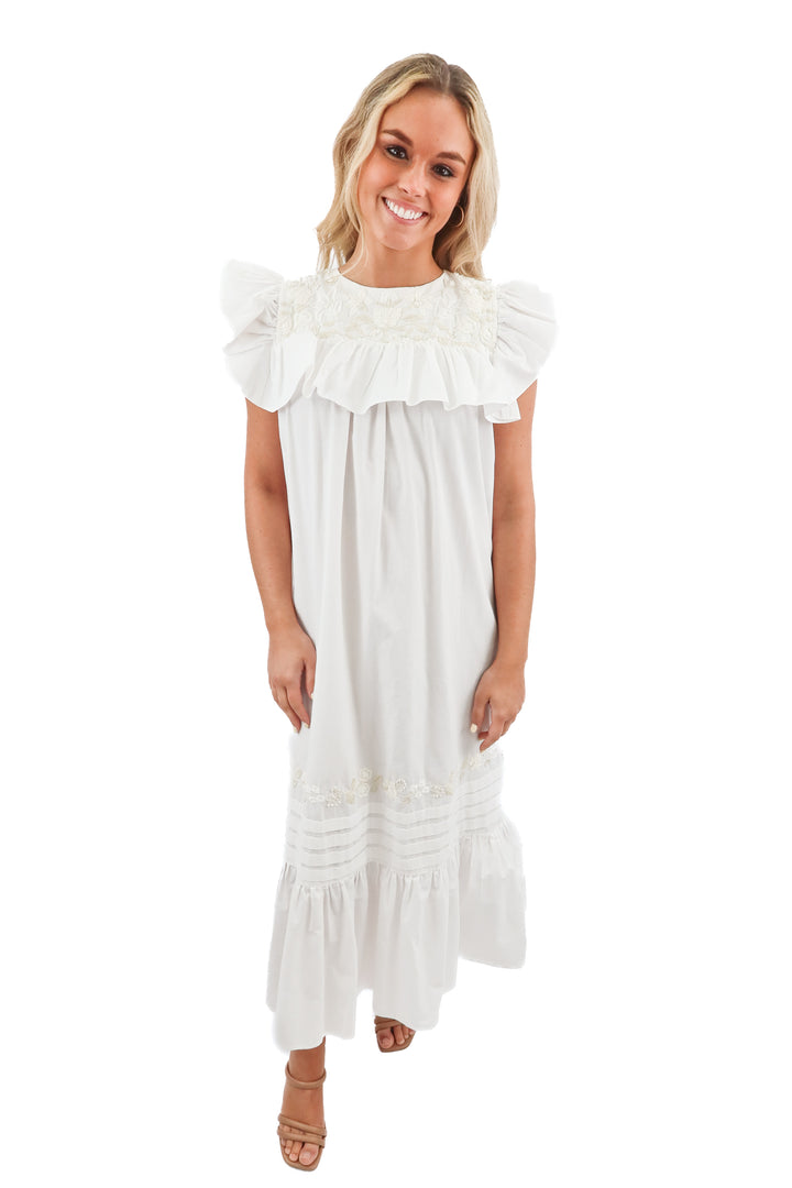 Mi Golondrina white embroidered floral maxi dress (XS; retail $495)