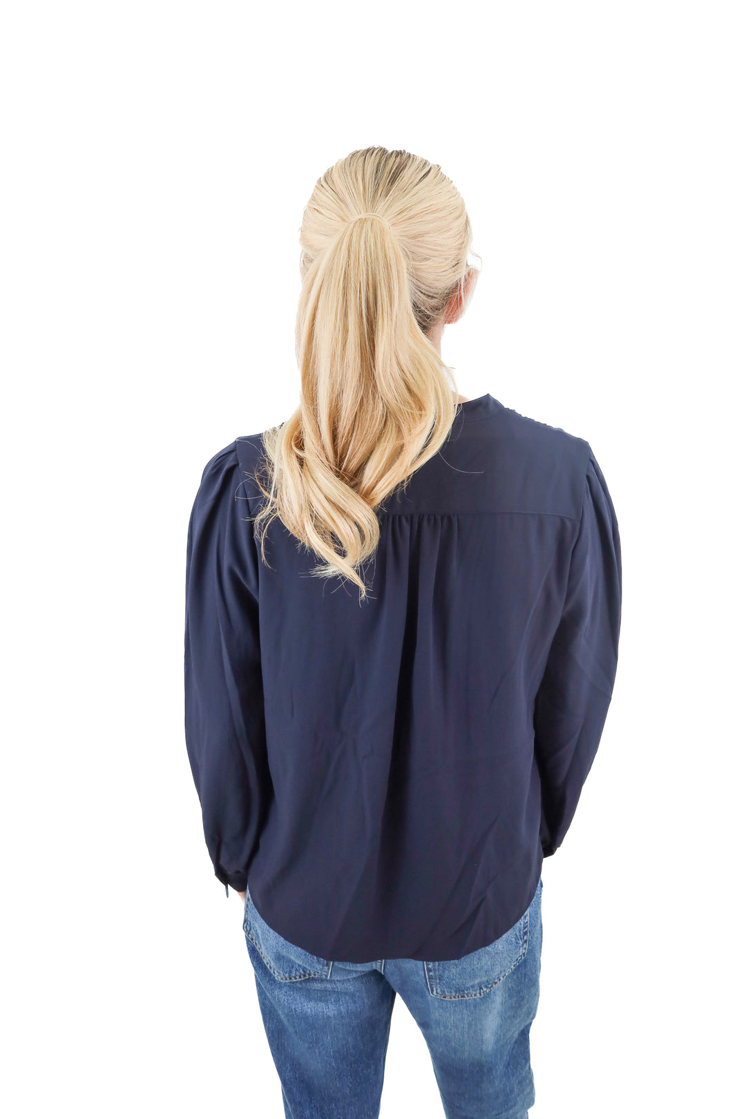 Brochu Walker dark blue pleated blouse (S; retail $288)