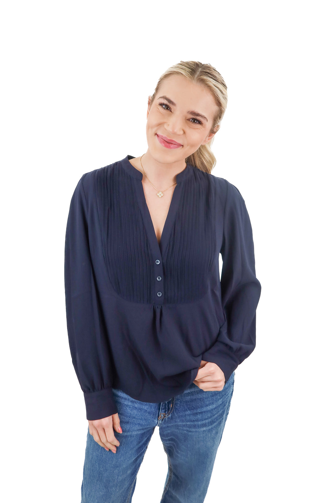 Brochu Walker dark blue pleated blouse (S; retail $288)