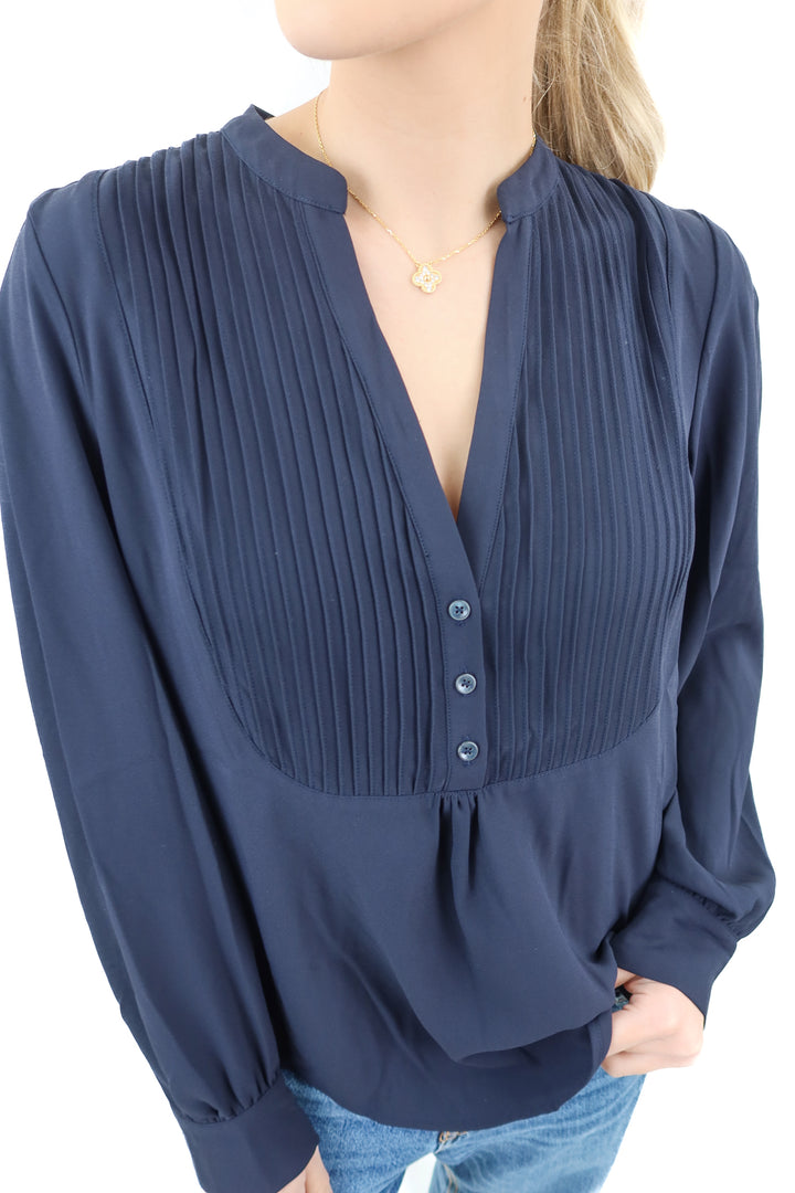 Brochu Walker dark blue pleated blouse (S; retail $288)