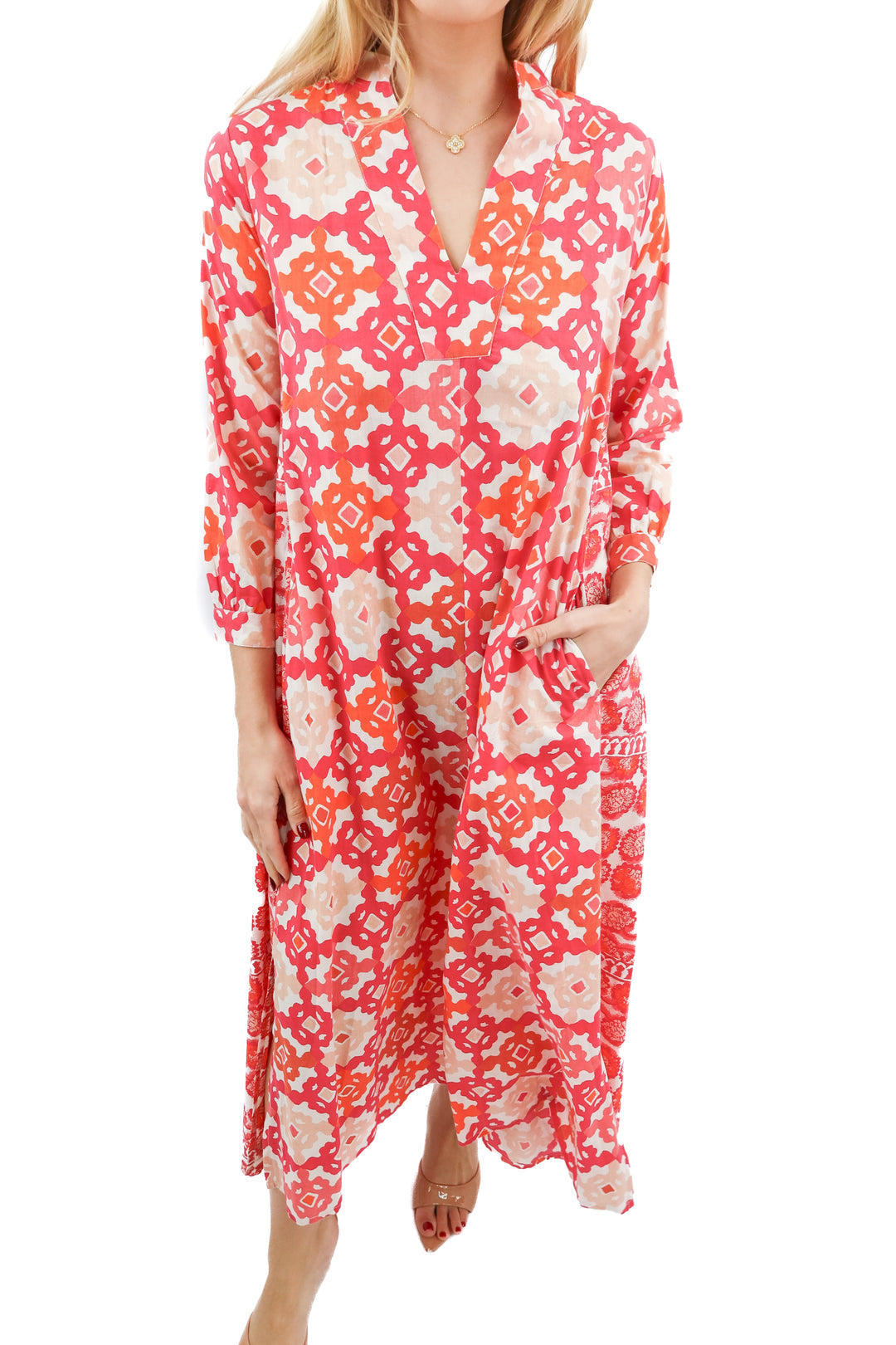 Ro's Garden pink printed long sleeve max dress (XS; retail $255)
