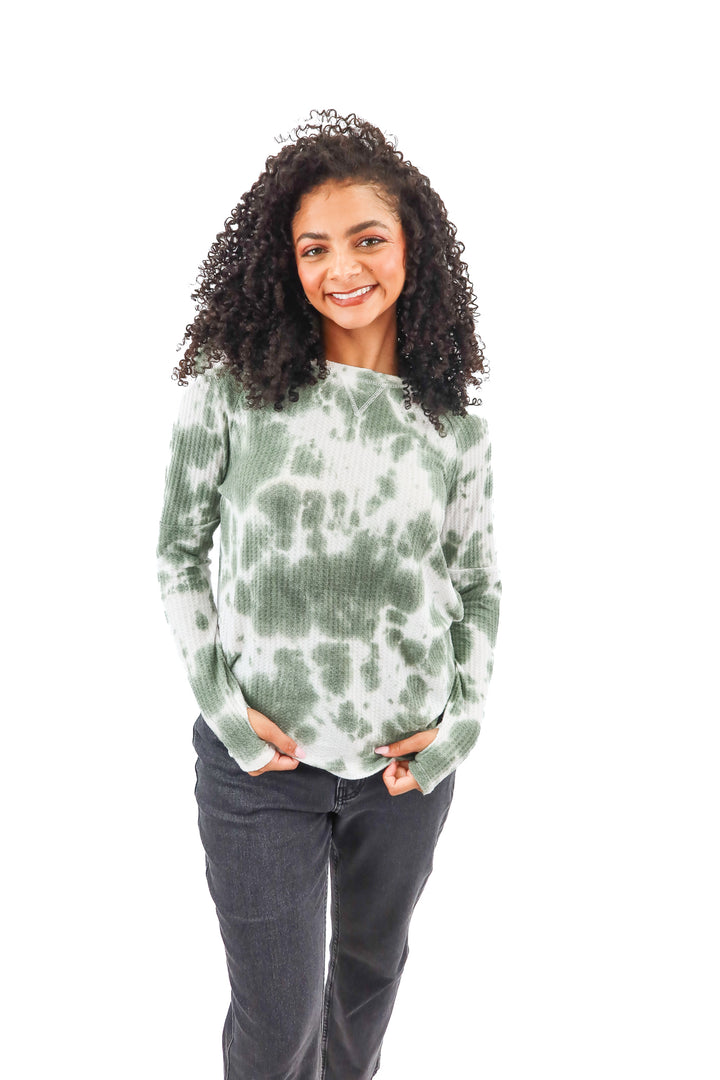 sweet romeo green tie dye waffle knit long sleeve top (M)