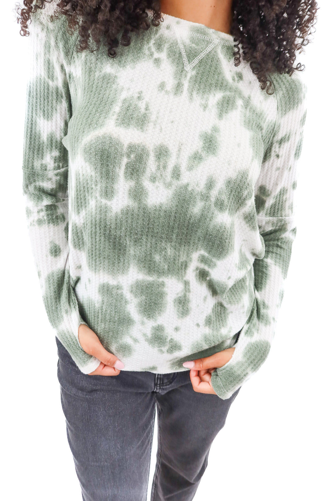 sweet romeo green tie dye waffle knit long sleeve top (M)