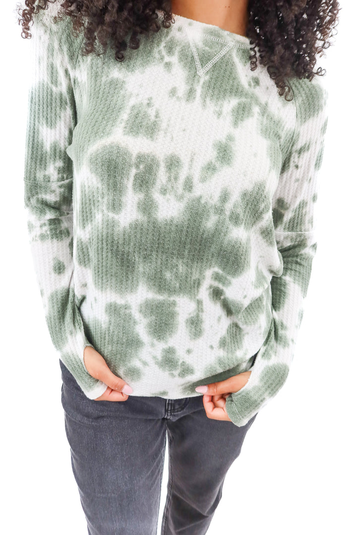sweet romeo green tie dye waffle knit long sleeve top (M)