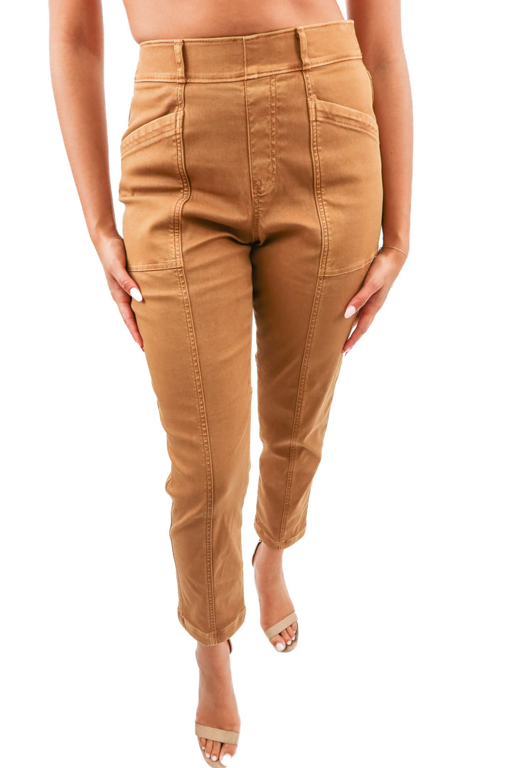 spanx brown stretch twill straight leg (m; retail $128)