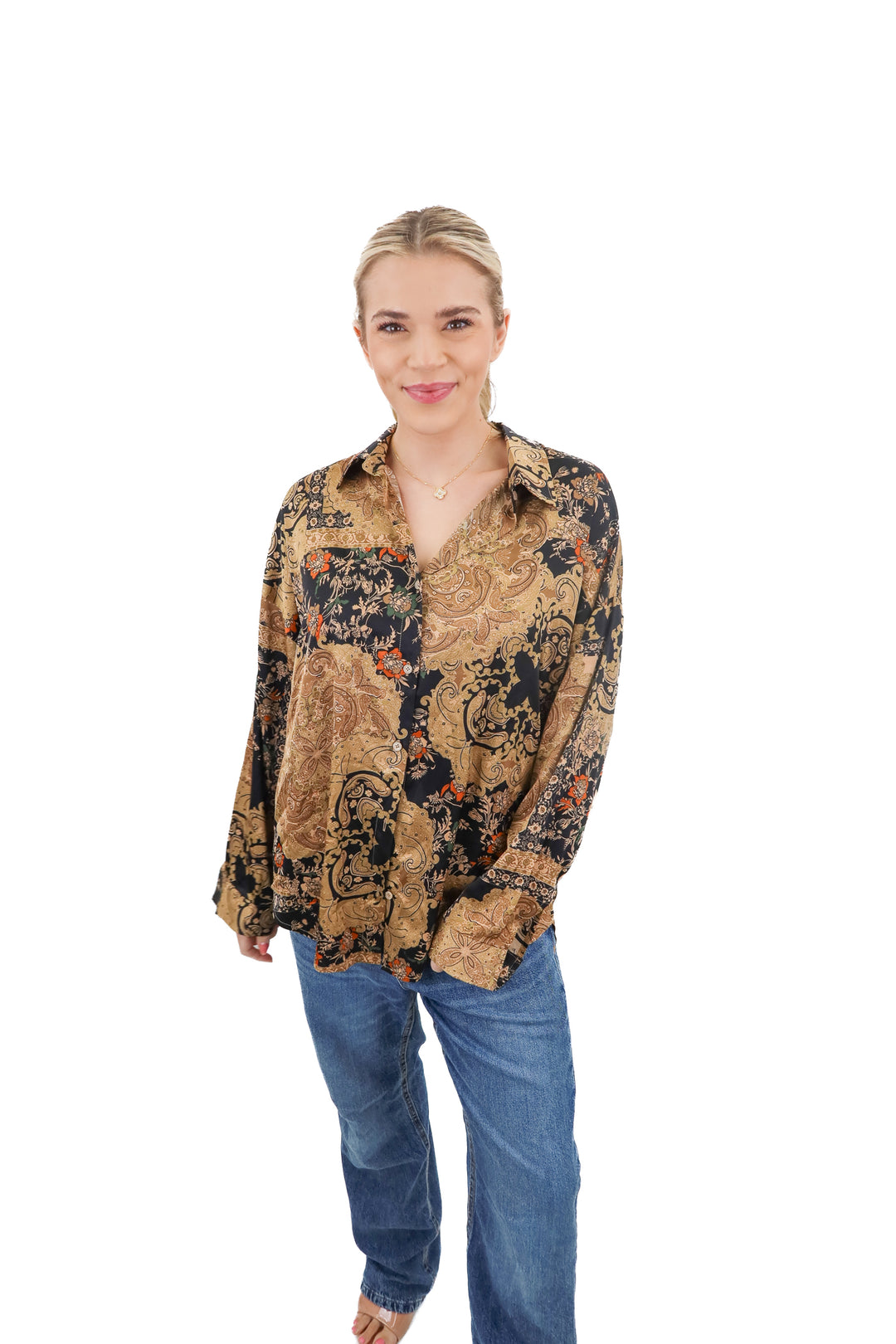Vici brown paisley print satin blouse (S)