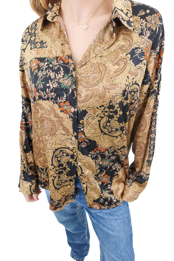 Vici brown paisley print satin blouse (S)