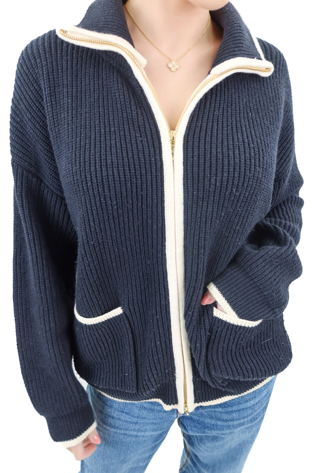 Birds of Paradis blue knit full zip jacket (M; retails $398)