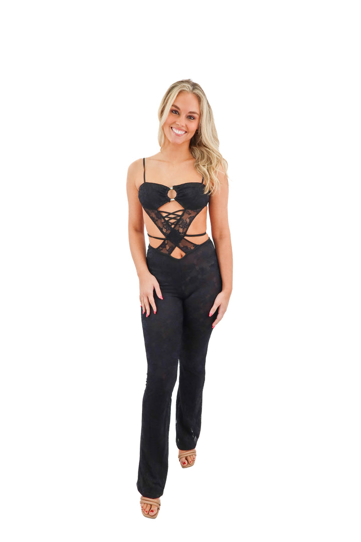outcast black lace cutout jumpsuit (S; retail $91)