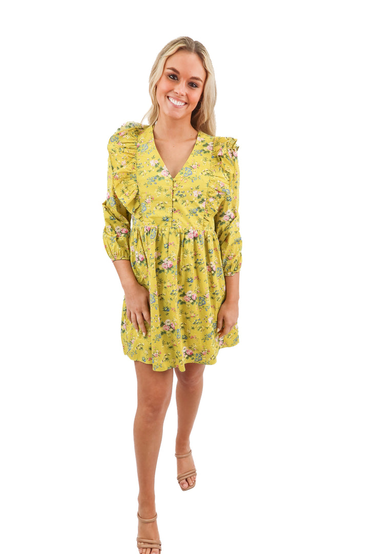 Hyacinth House Green Floral Ruffle Reese Mini Dress (XS; retail $158)