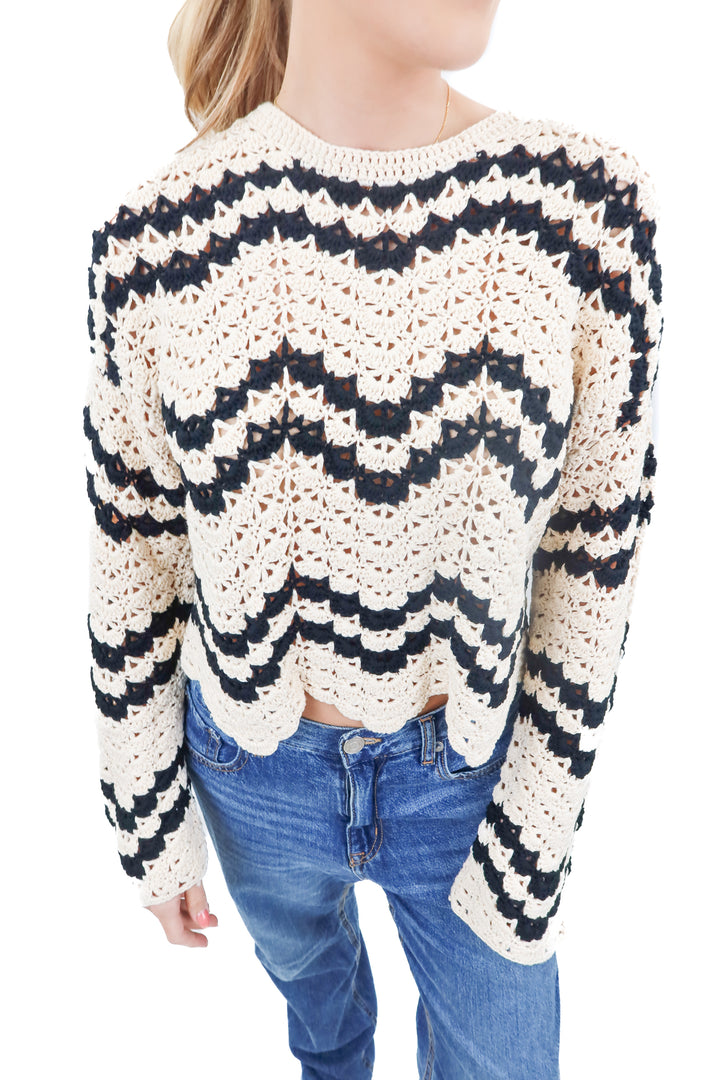 Vici cream and blank crochet knit strip sweater (M)