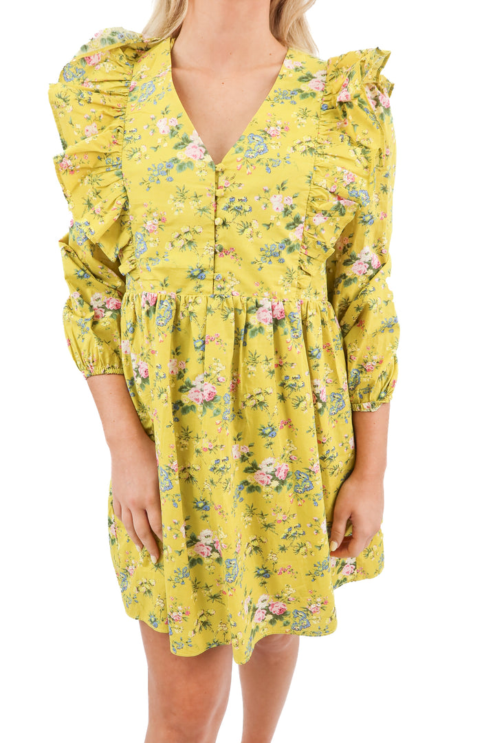Hyacinth House Green Floral Ruffle Reese Mini Dress (XS; retail $158)