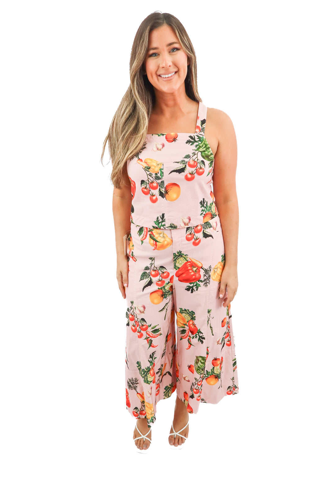 maeve pink vegetable print top and pants set (M)